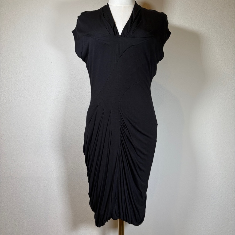 L.A.M.B. Black Draped Ruched V-Neck Midi Dress